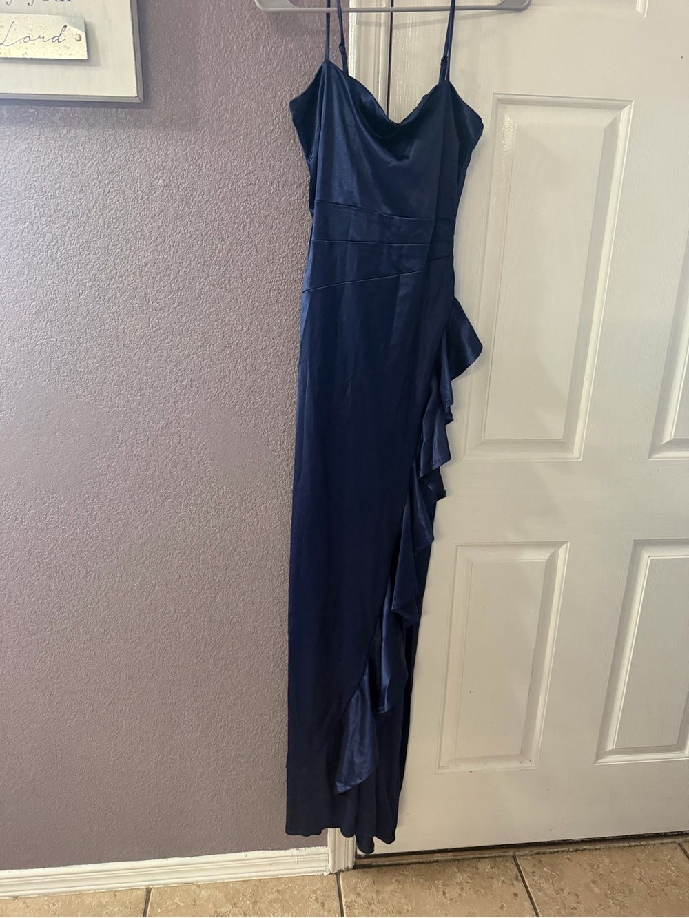 Windsor Navy Satin Ruffle Maxi Dress